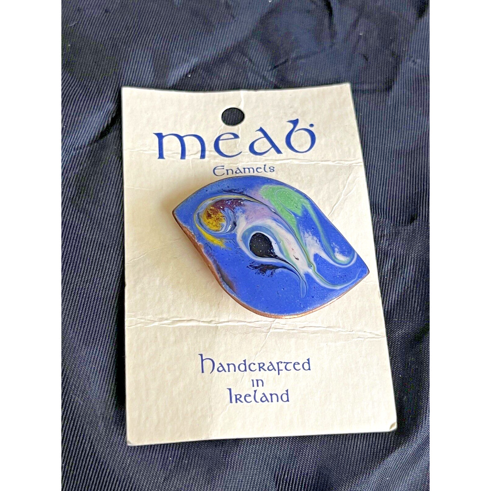 Vintage Enamel on Copper Brooch Pin Made in Ireland By MEAD Handmade 2" x 1 1/4"
